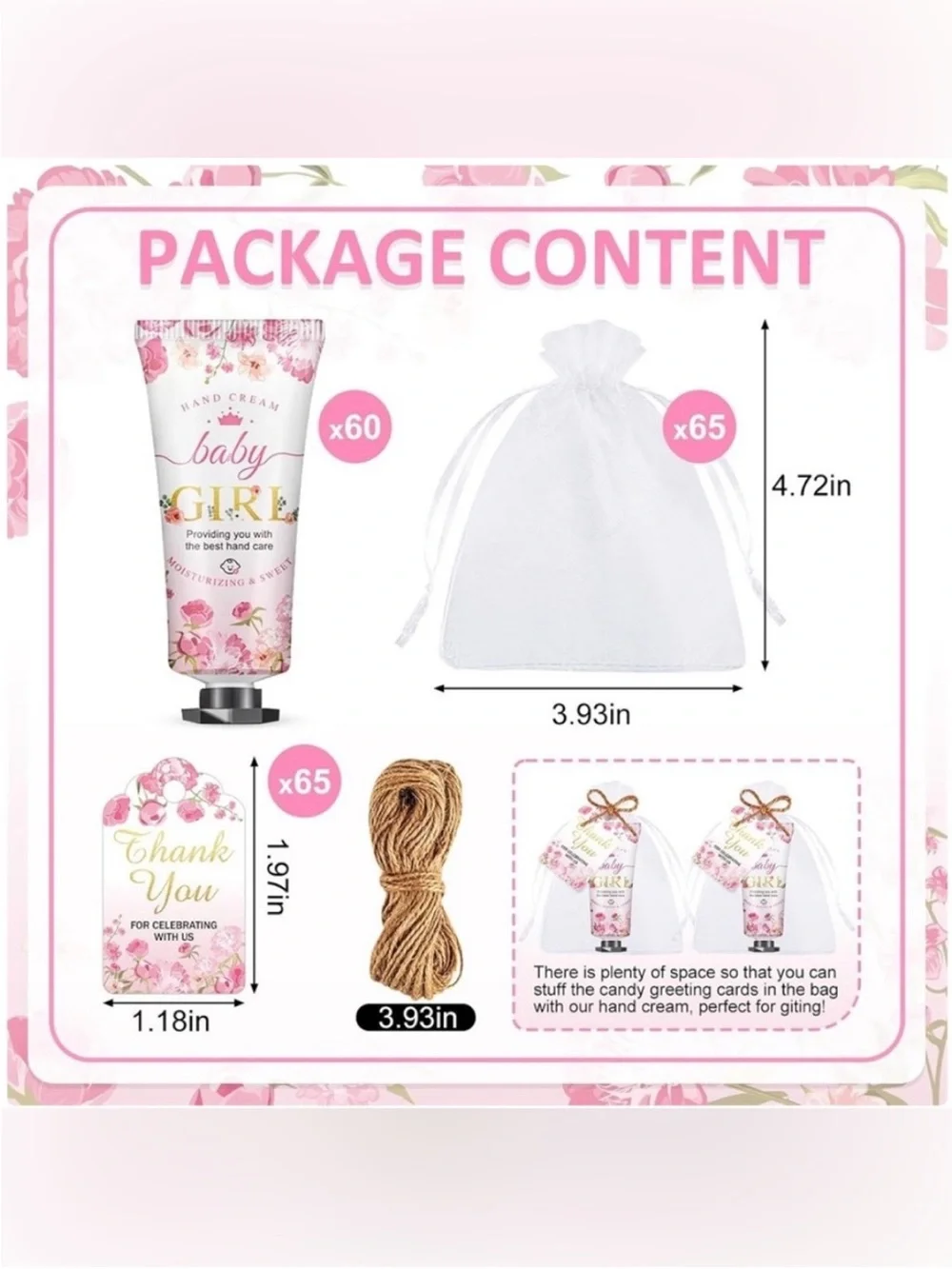Baby Girl Pink Floral Hand Cream Baby shower Favor Set of 60 NWT